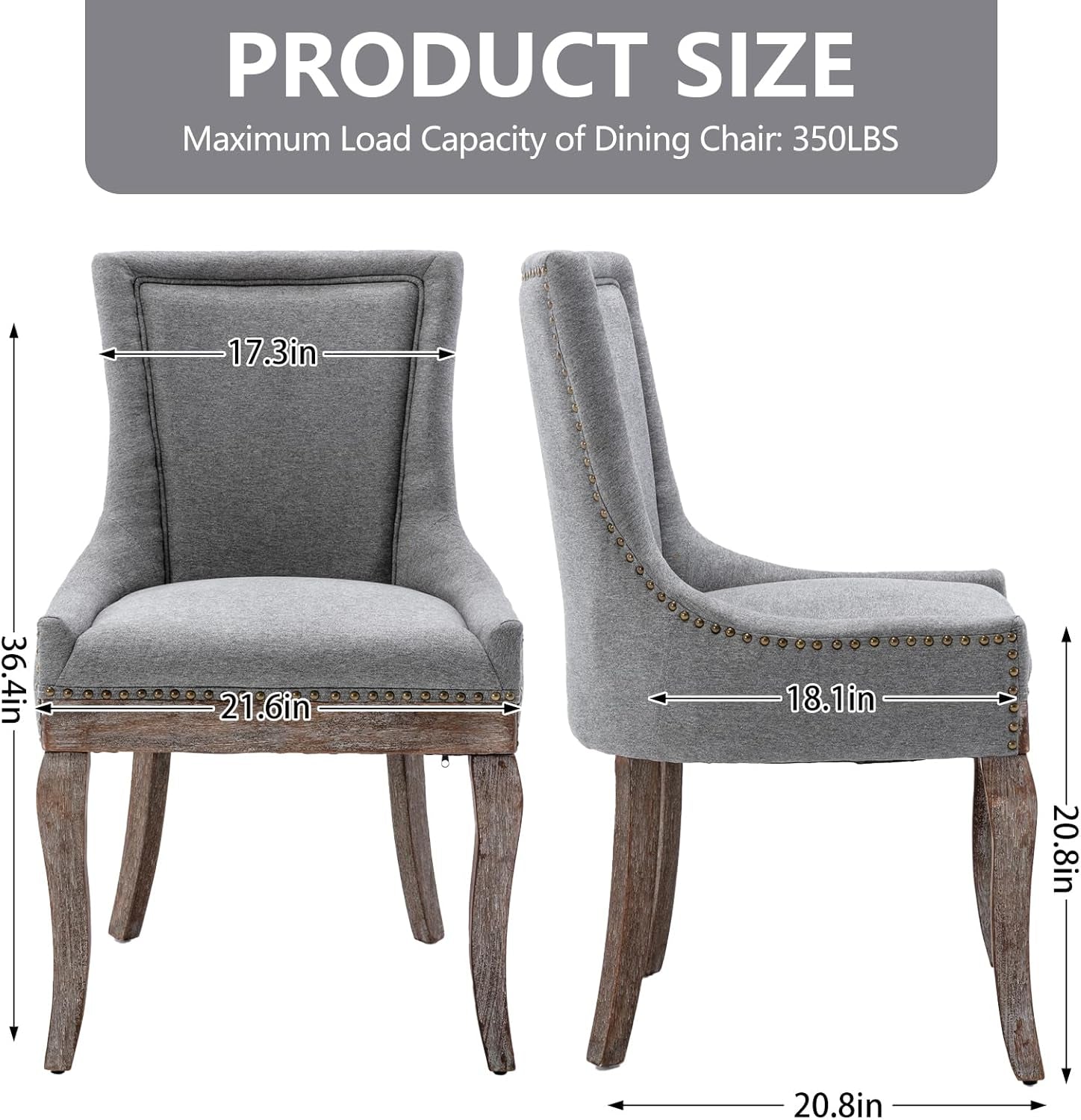 Modern Dining, Side Chairs Upholstered Fabric Grey Set of 2, with Solid Wood Legs