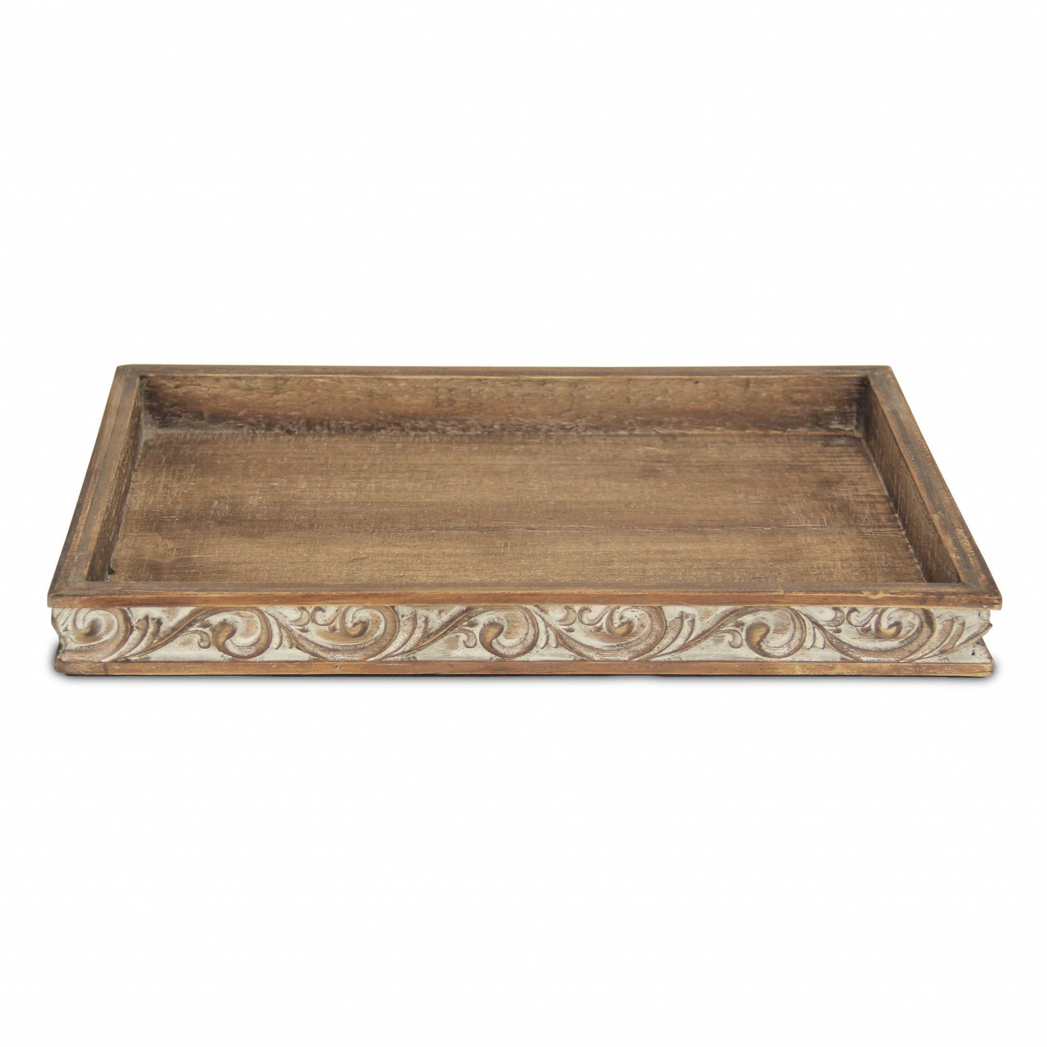Brown Distressed Finish Wood Tray With Side Carvings 17"