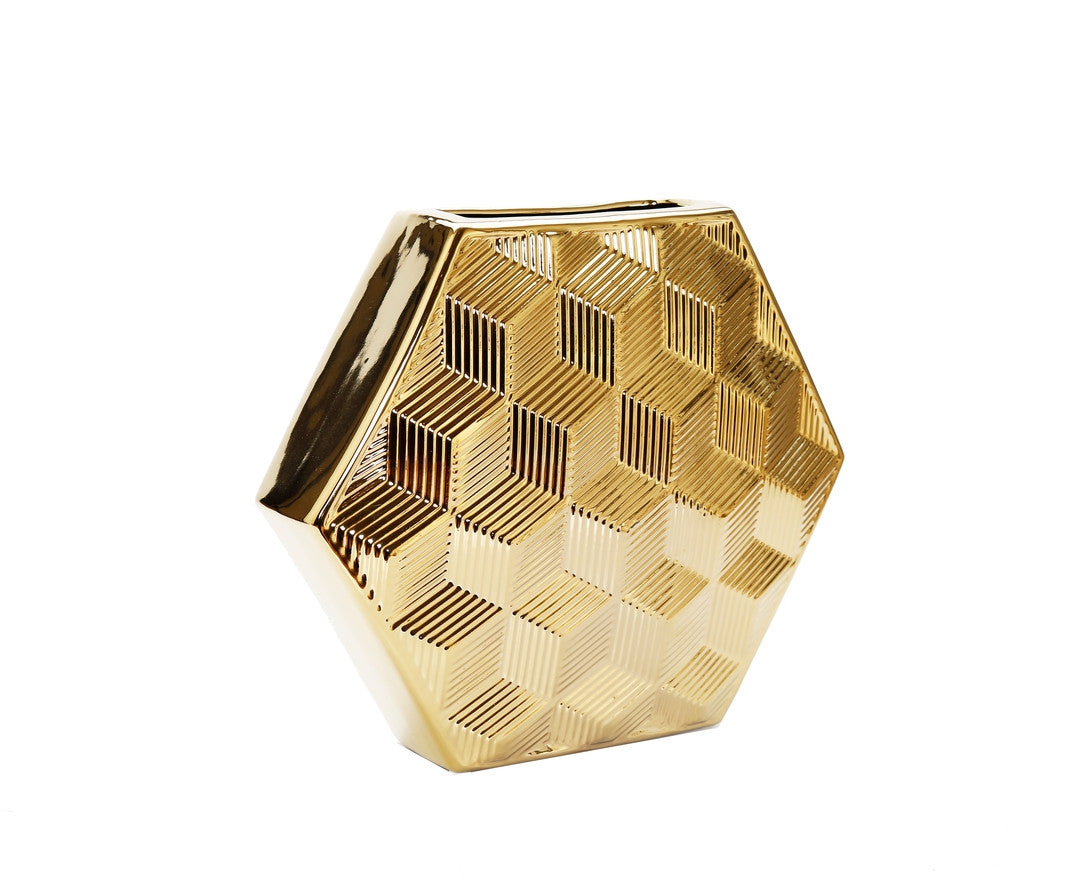 Gold Geometric Ceramic Table Vase With Sculptural Details 13"