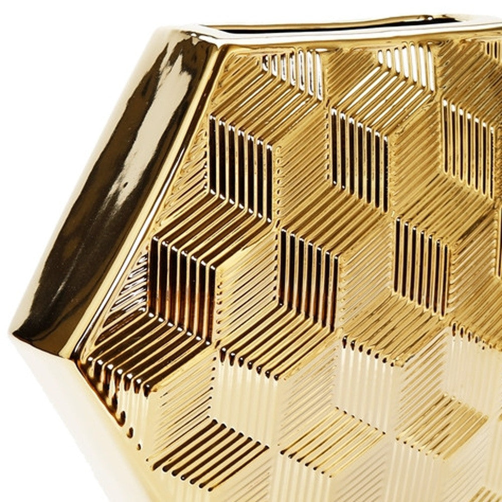 Gold Geometric Ceramic Table Vase With Sculptural Details 13"