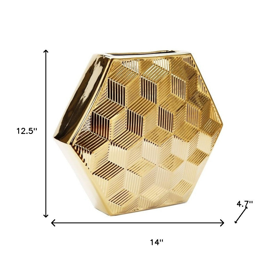 Gold Geometric Ceramic Table Vase With Sculptural Details 13"
