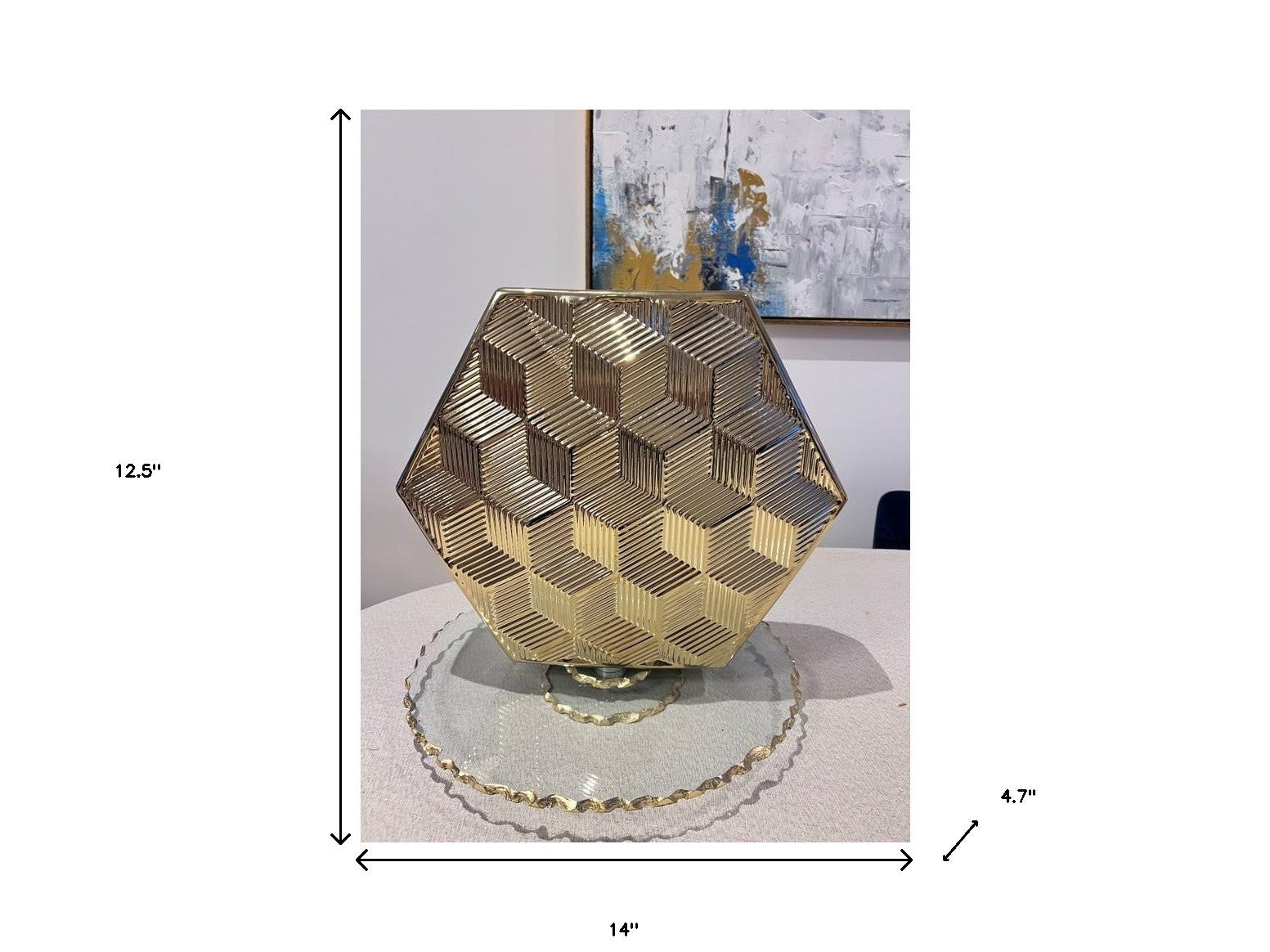 Gold Geometric Ceramic Table Vase With Sculptural Details 13"