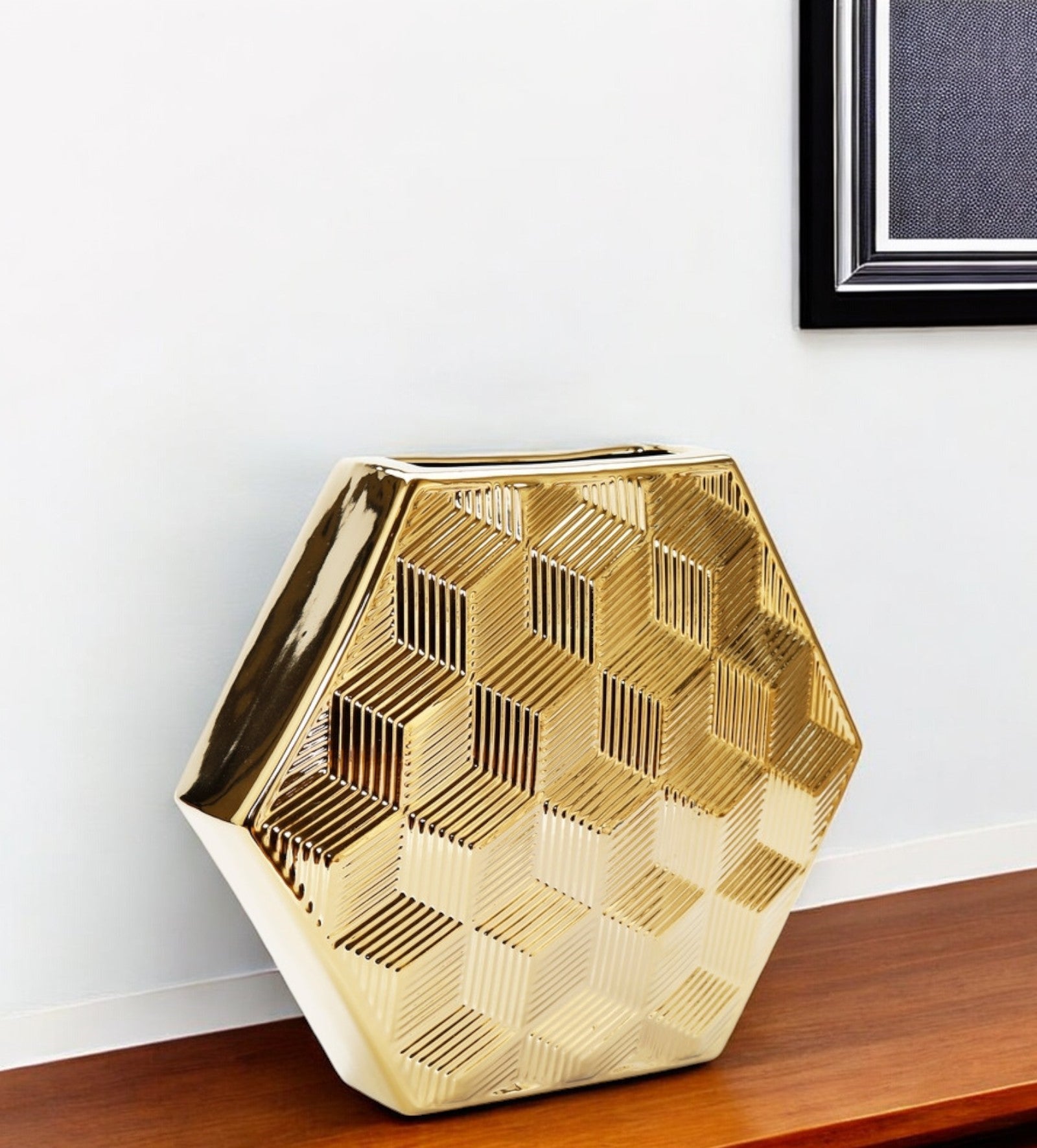 Gold Geometric Ceramic Table Vase With Sculptural Details 13"
