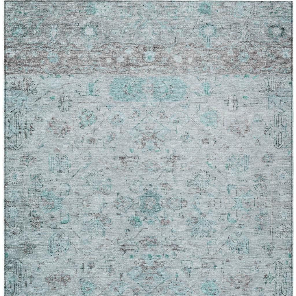 5' X 8' Teal Blue Gray And Silver Tribal Washable Indoor Outdoor Area Rug
