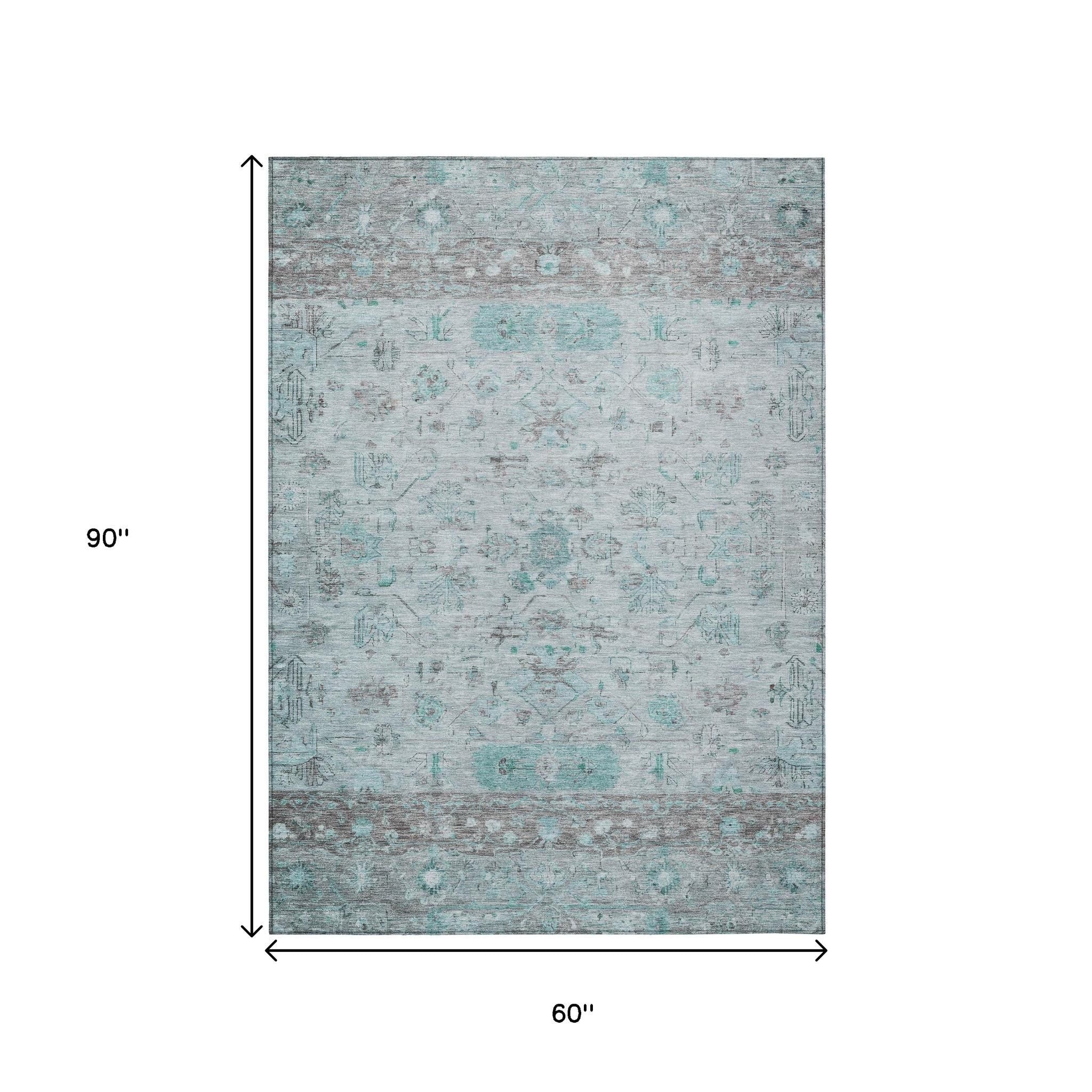 5' X 8' Teal Blue Gray And Silver Tribal Washable Indoor Outdoor Area Rug