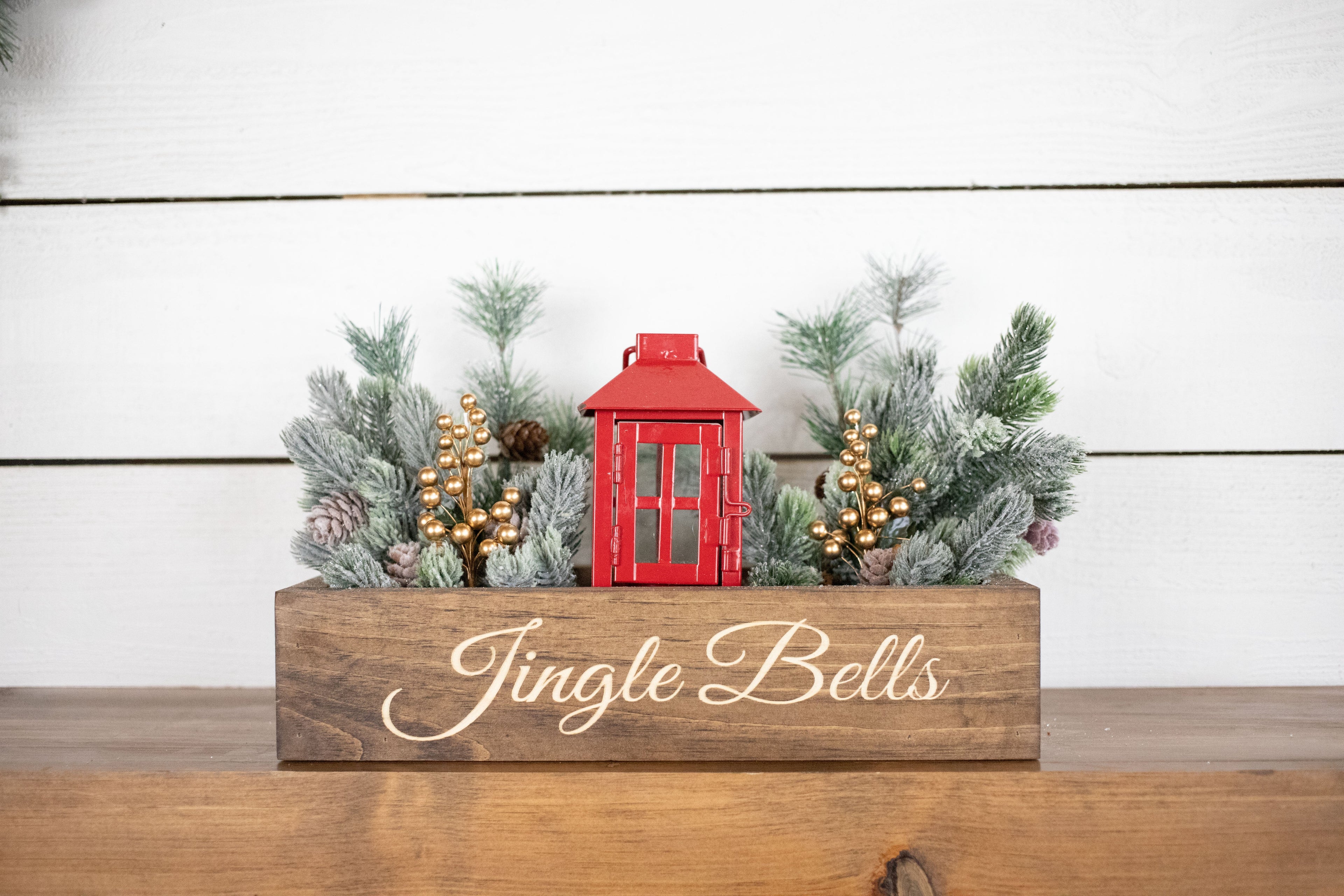 Let it Snow Christmas Centerpiece, Engraved Wood Box with Christmas Greenery
