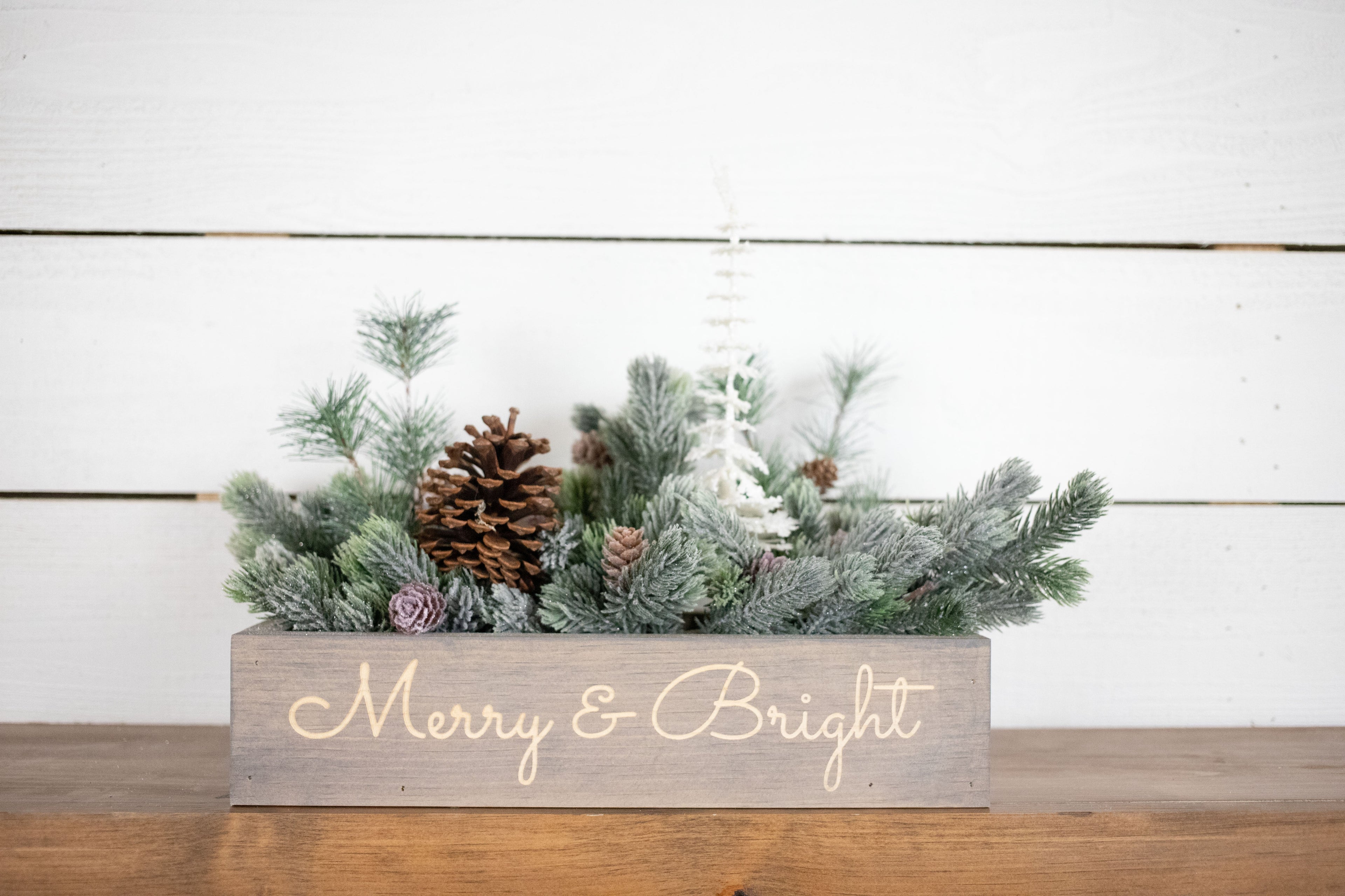 Let it Snow Christmas Centerpiece, Engraved Wood Box with Christmas Greenery