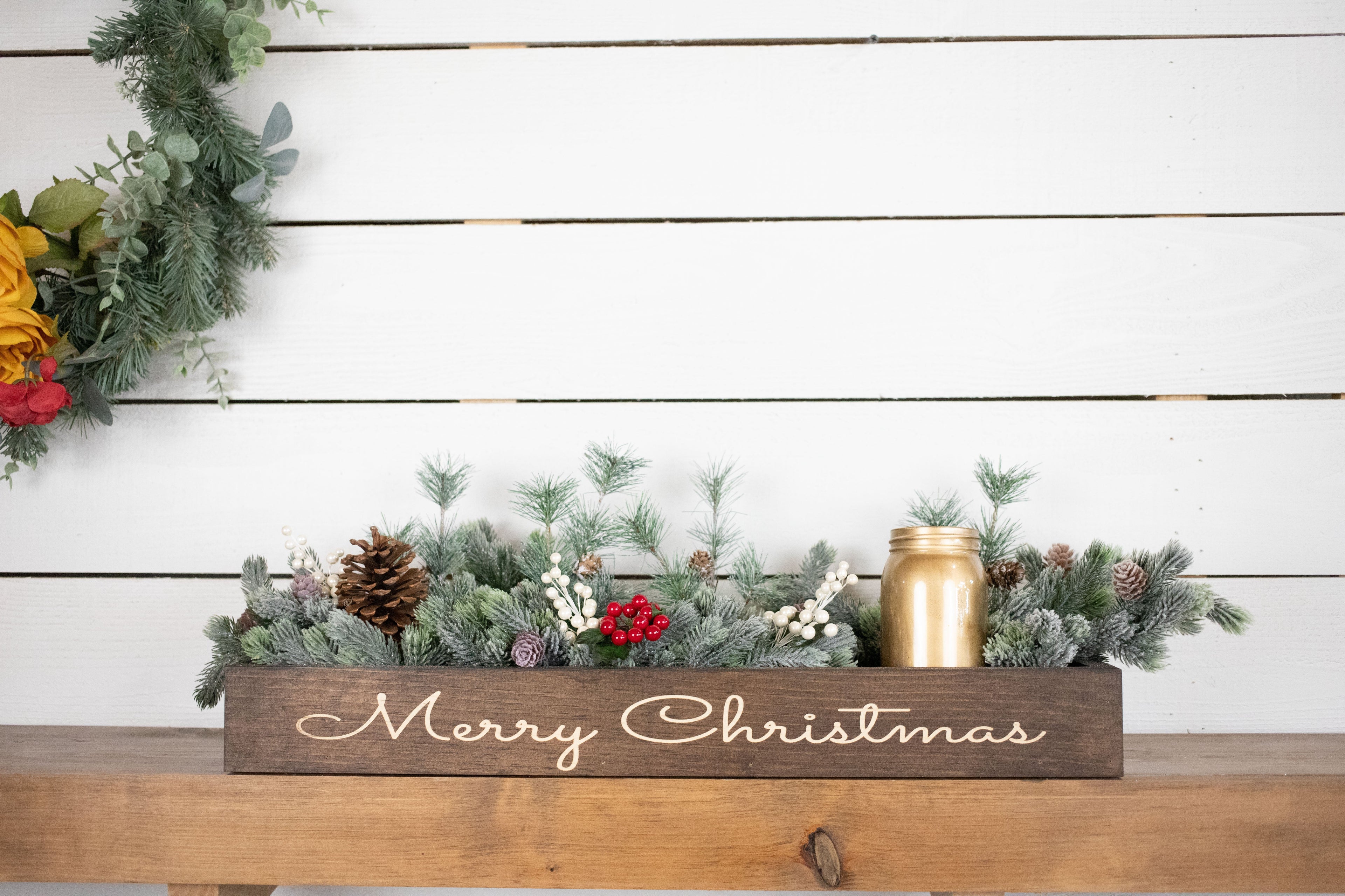 Let it Snow Christmas Centerpiece, Engraved Wood Box with Christmas Greenery