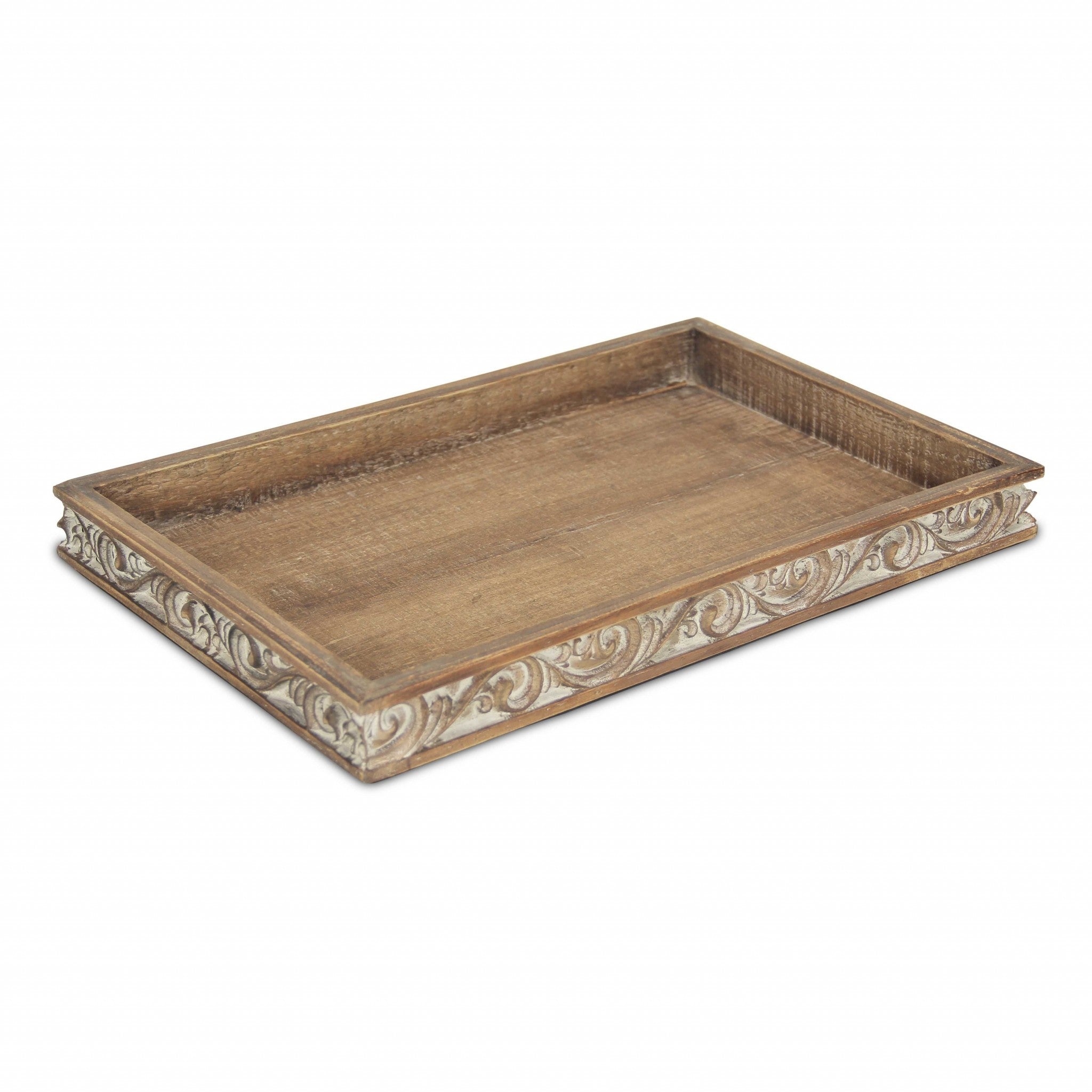 Brown Distressed Finish Wood Tray With Side Carvings 17"