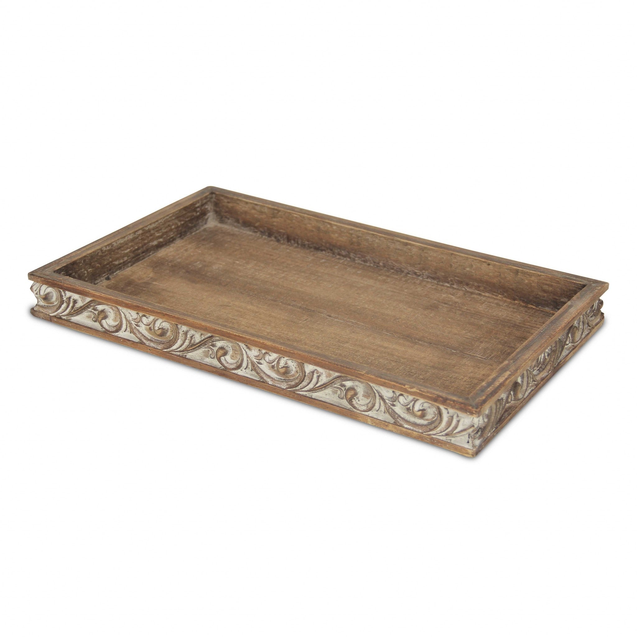Brown Distressed Finish Wood Tray With Side Carvings 17"