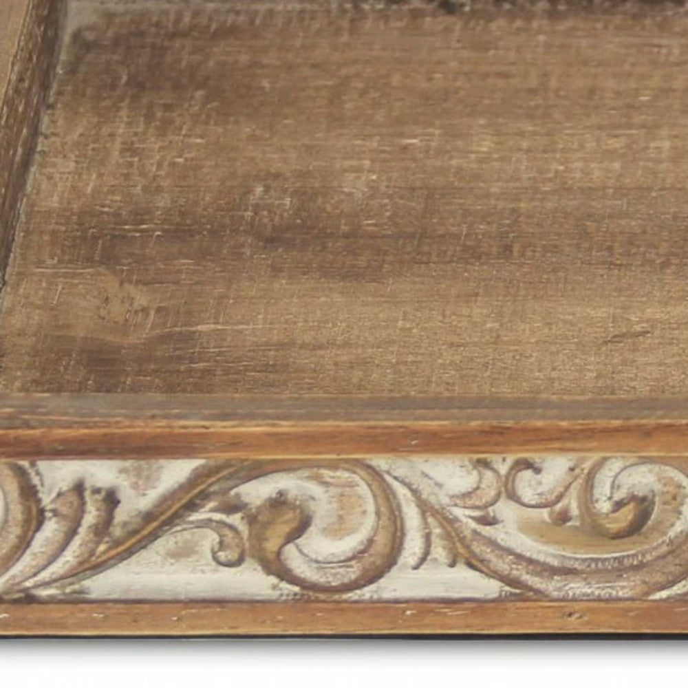 Brown Distressed Finish Wood Tray With Side Carvings 17"