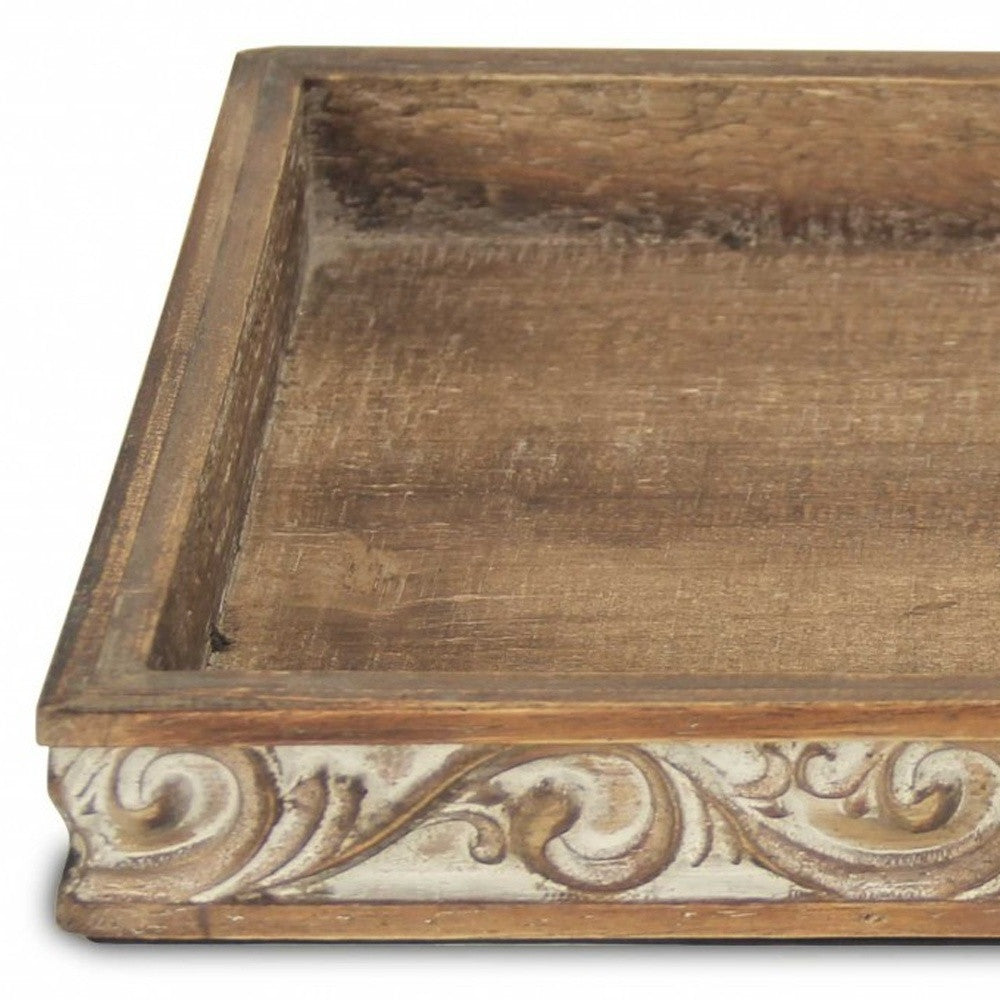 Brown Distressed Finish Wood Tray With Side Carvings 17"