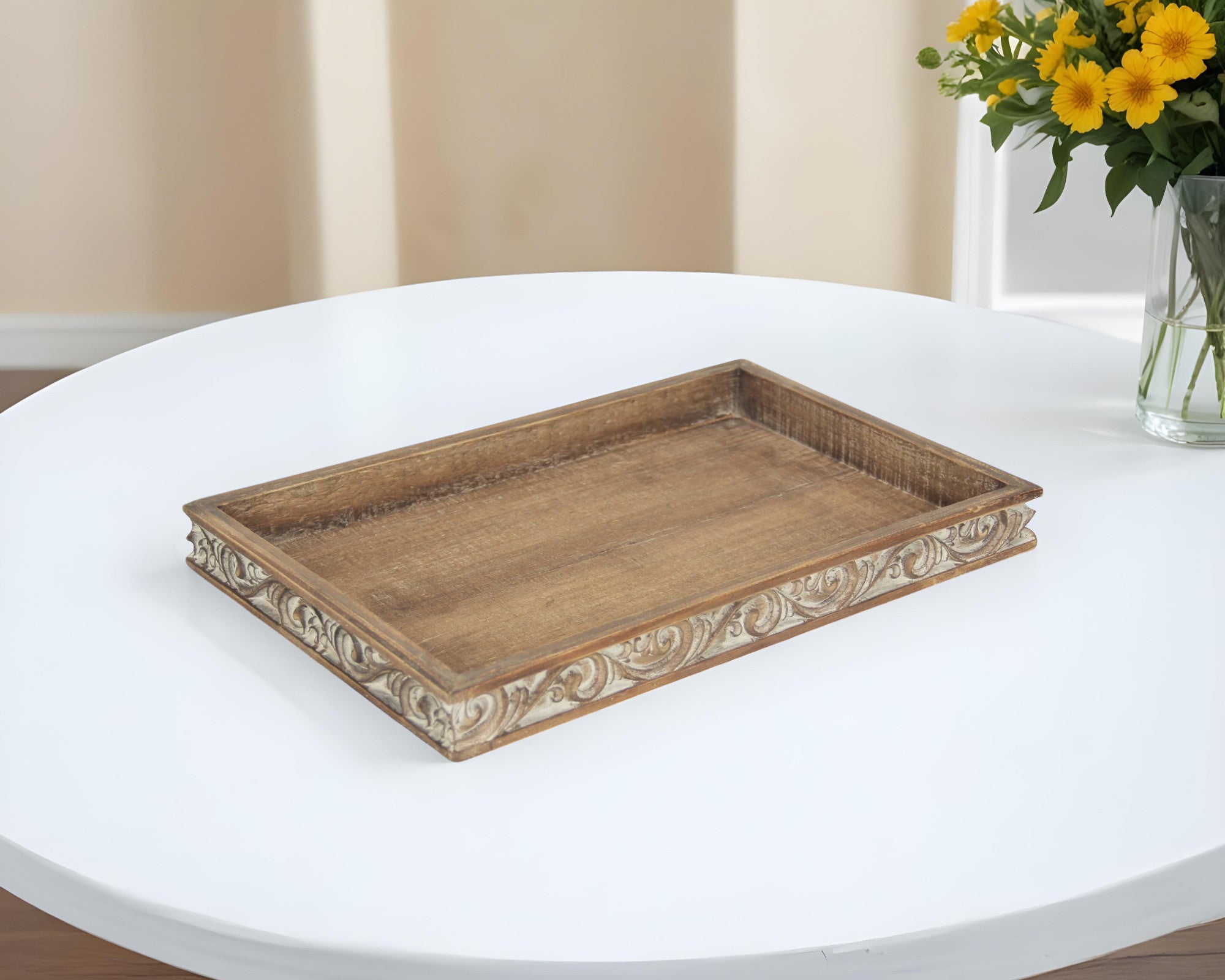 Brown Distressed Finish Wood Tray With Side Carvings 17"