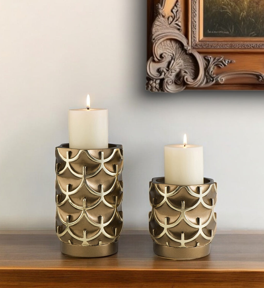 Antiqued Brass Tabletop Pillar Candle Holders Set Of Two