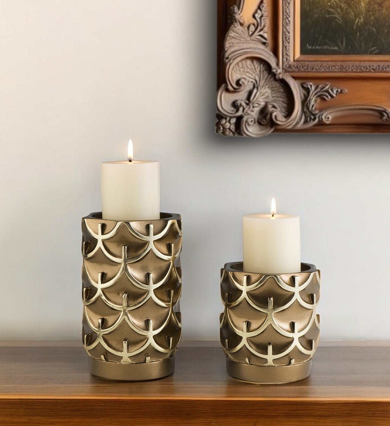 Antiqued Brass Tabletop Pillar Candle Holders Set Of Two