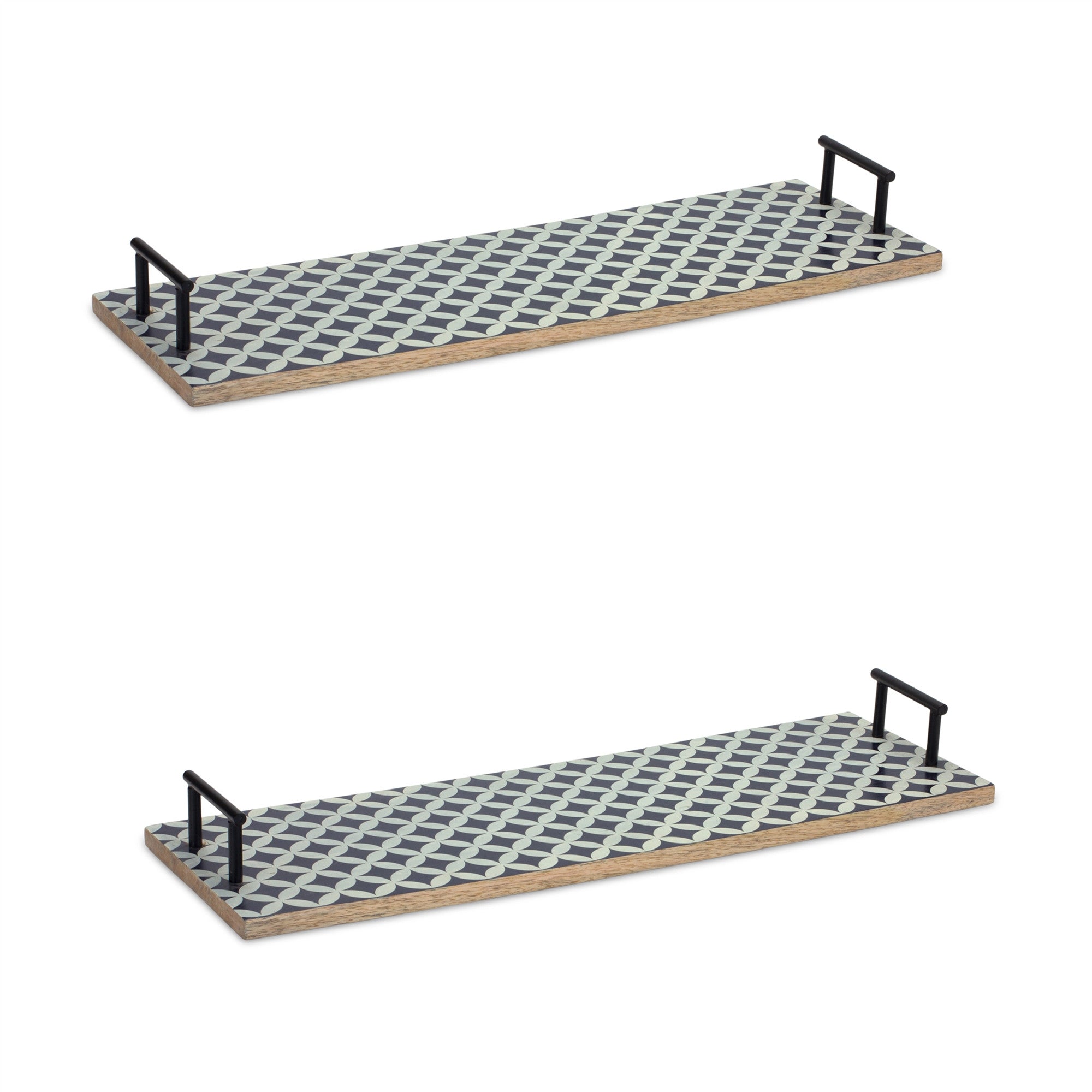 Blue Solid Wood Geometric Serving Tray With Handles - Set of Two