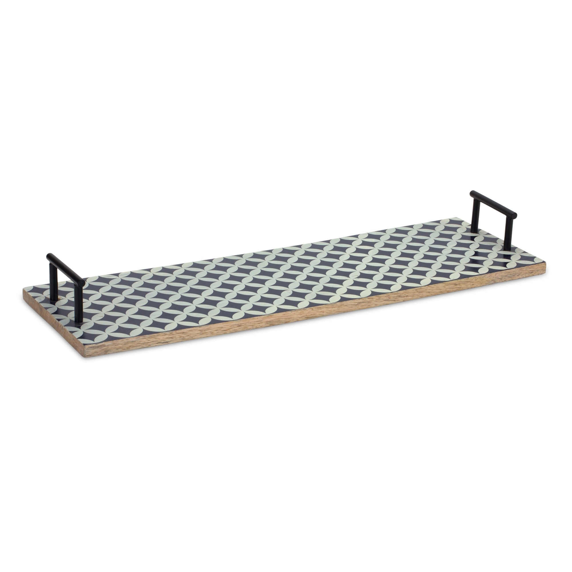 Blue Solid Wood Geometric Serving Tray With Handles - Set of Two