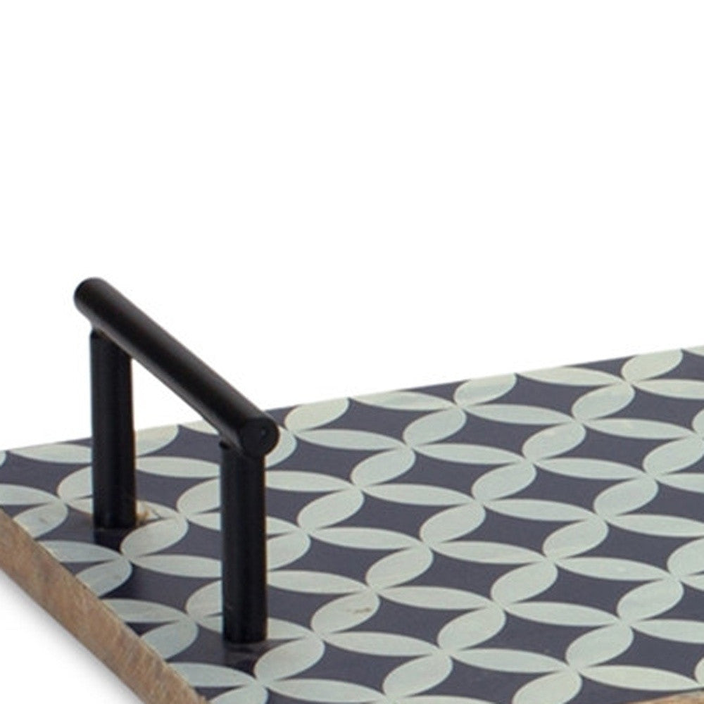 Blue Solid Wood Geometric Serving Tray With Handles - Set of Two