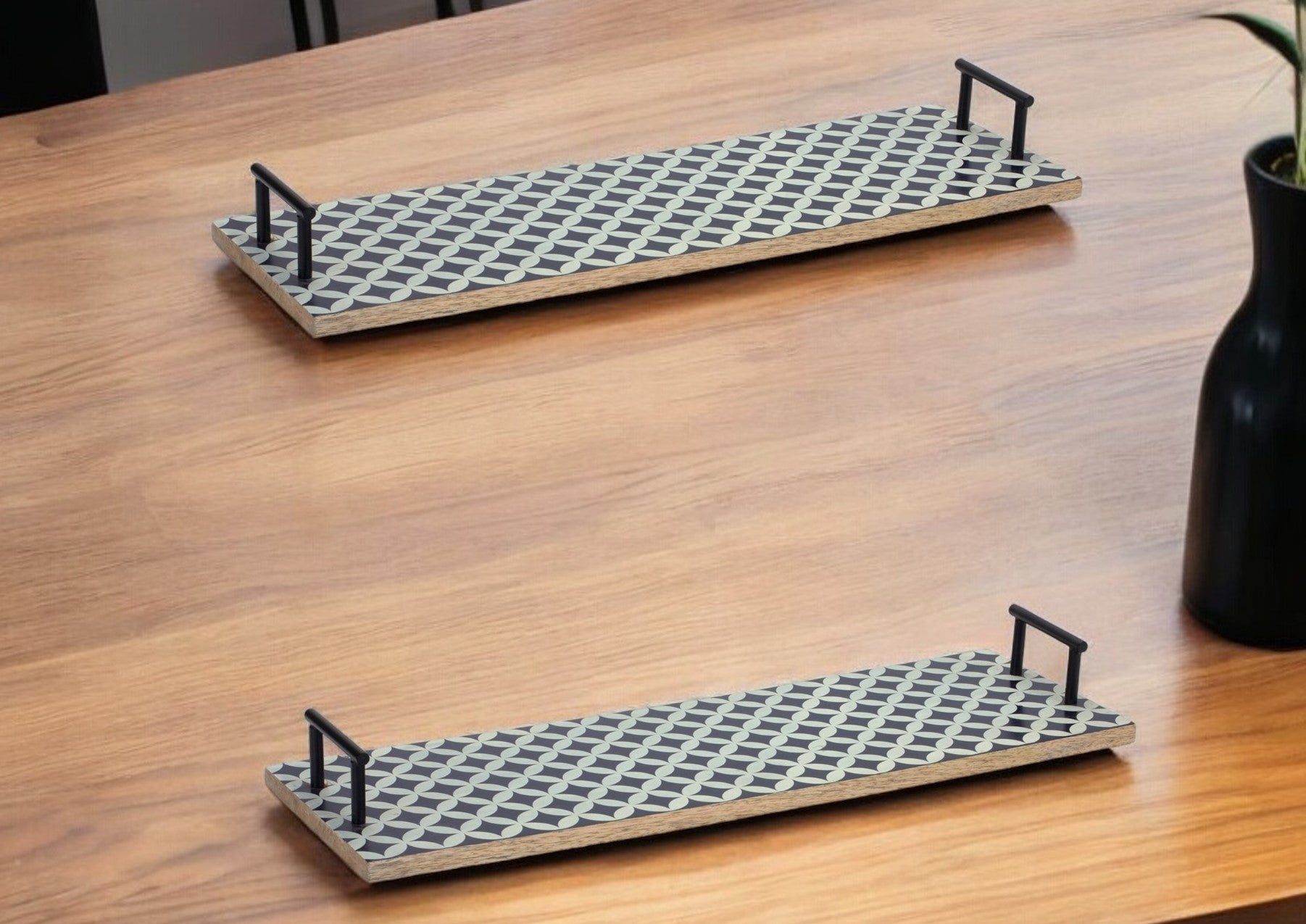 Blue Solid Wood Geometric Serving Tray With Handles - Set of Two