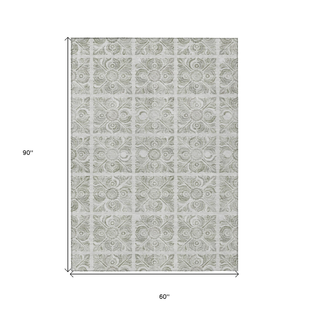 5' X 8' Taupe Beige And Tan Medallion Washable Indoor Outdoor Area Rug