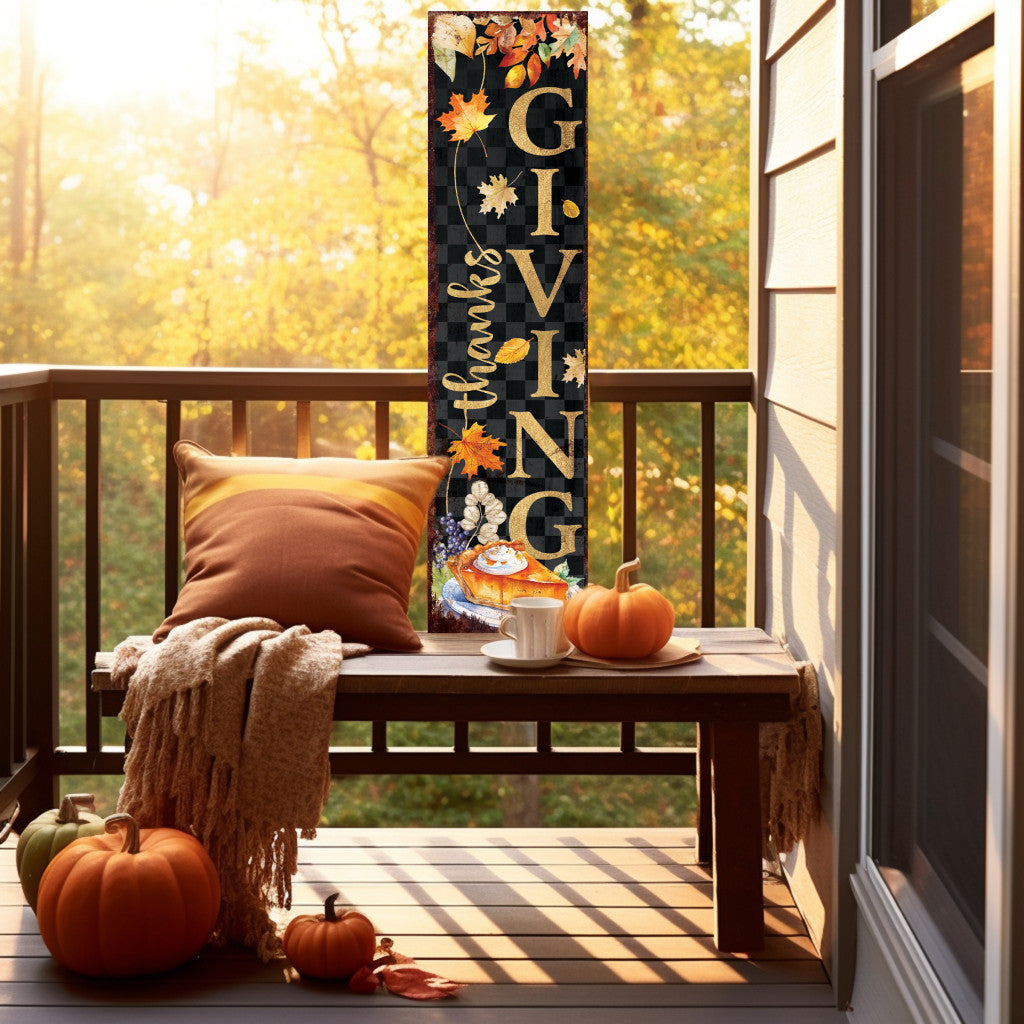 36" Black And Orange Solid Wood Thanksgiving Autumn Leaves Porch Sign