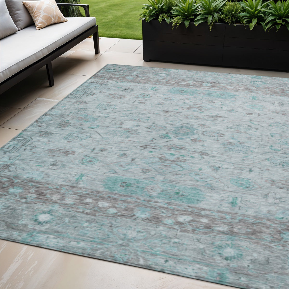 5' X 8' Teal Blue Gray And Silver Tribal Washable Indoor Outdoor Area Rug