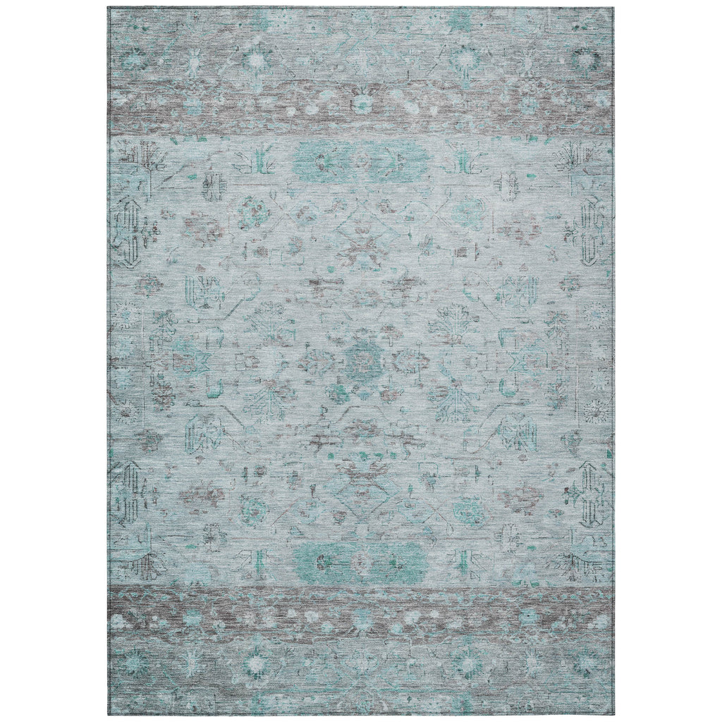 5' X 8' Teal Blue Gray And Silver Tribal Washable Indoor Outdoor Area Rug