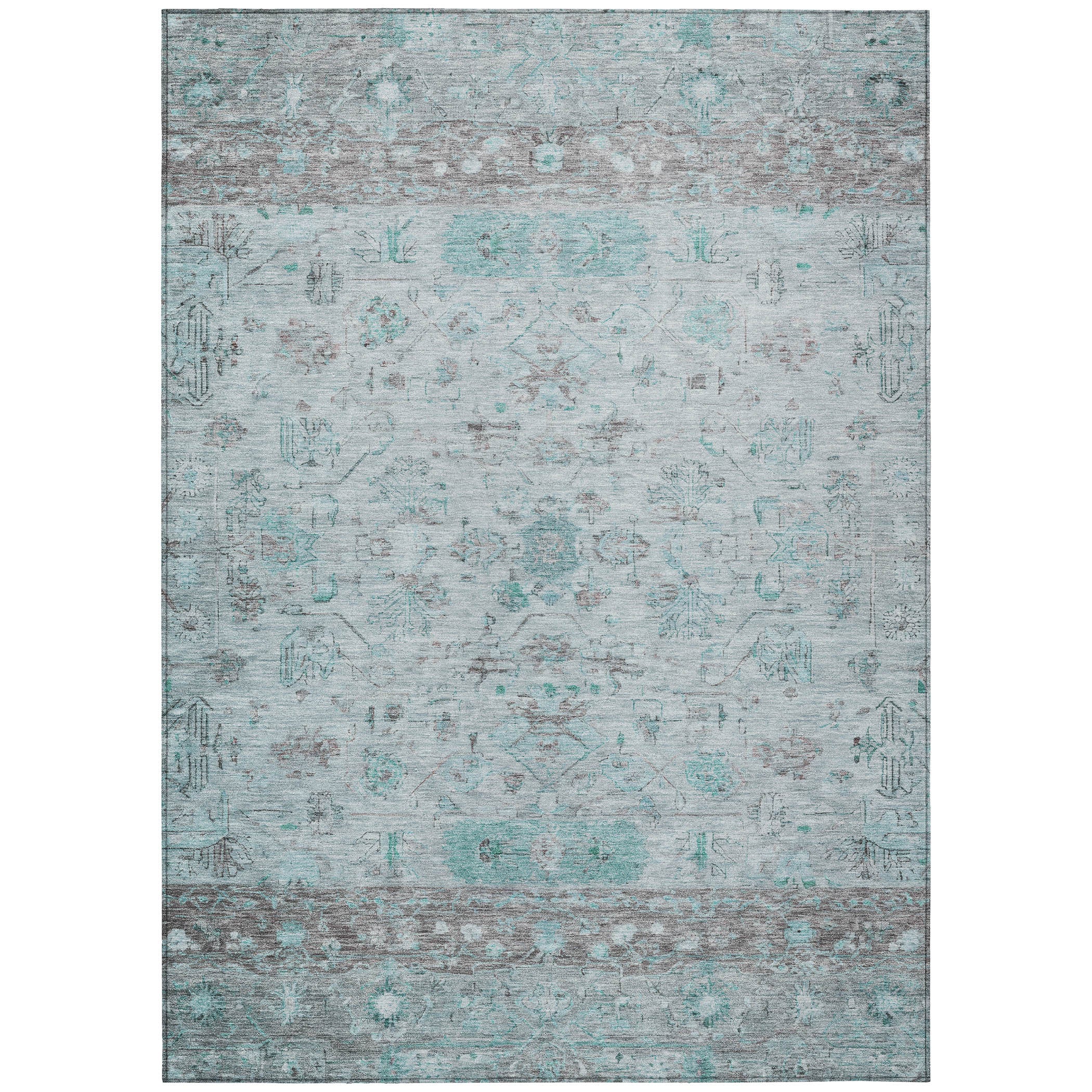 5' X 8' Teal Blue Gray And Silver Tribal Washable Indoor Outdoor Area Rug