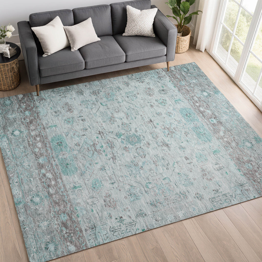 5' X 8' Teal Blue Gray And Silver Tribal Washable Indoor Outdoor Area Rug