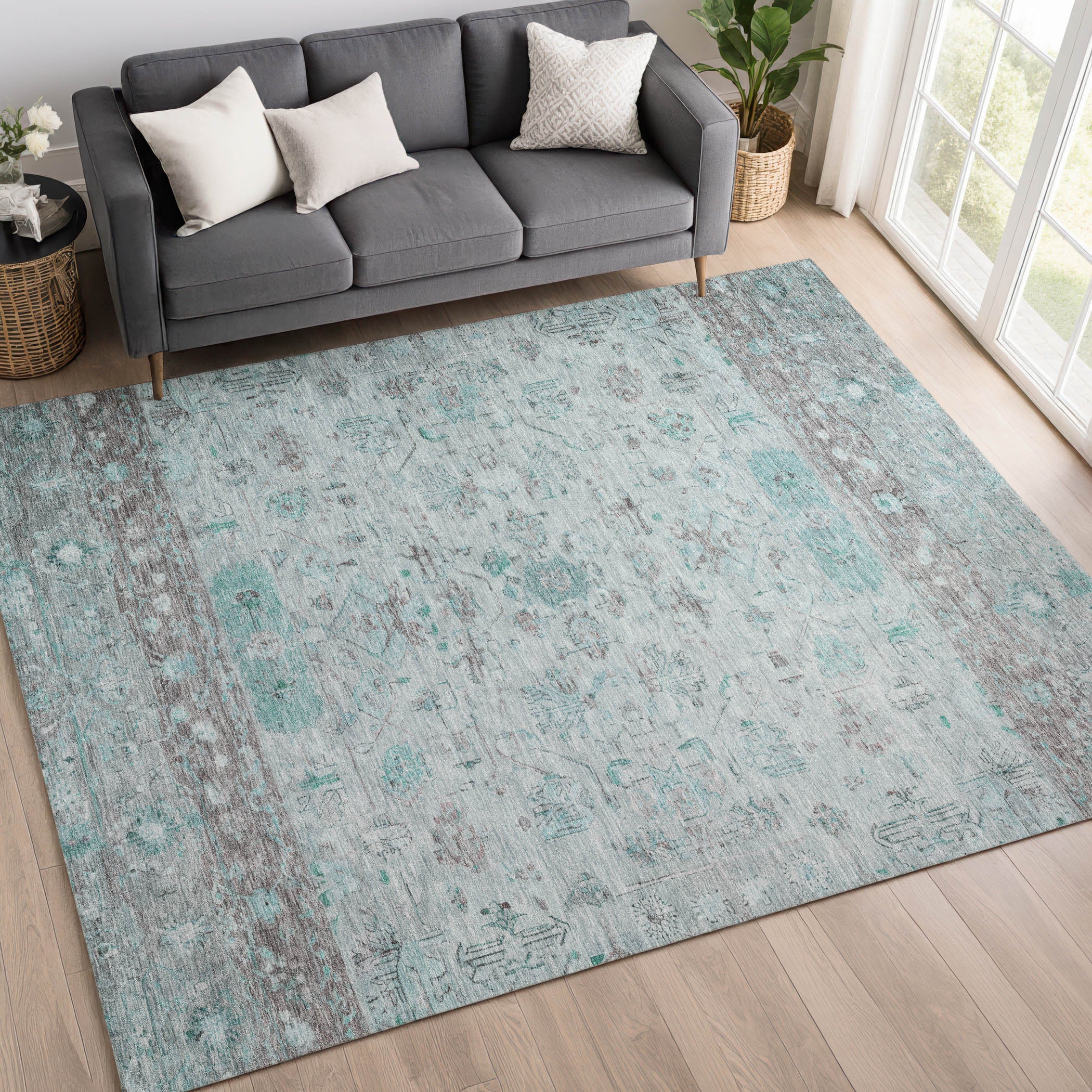5' X 8' Teal Blue Gray And Silver Tribal Washable Indoor Outdoor Area Rug
