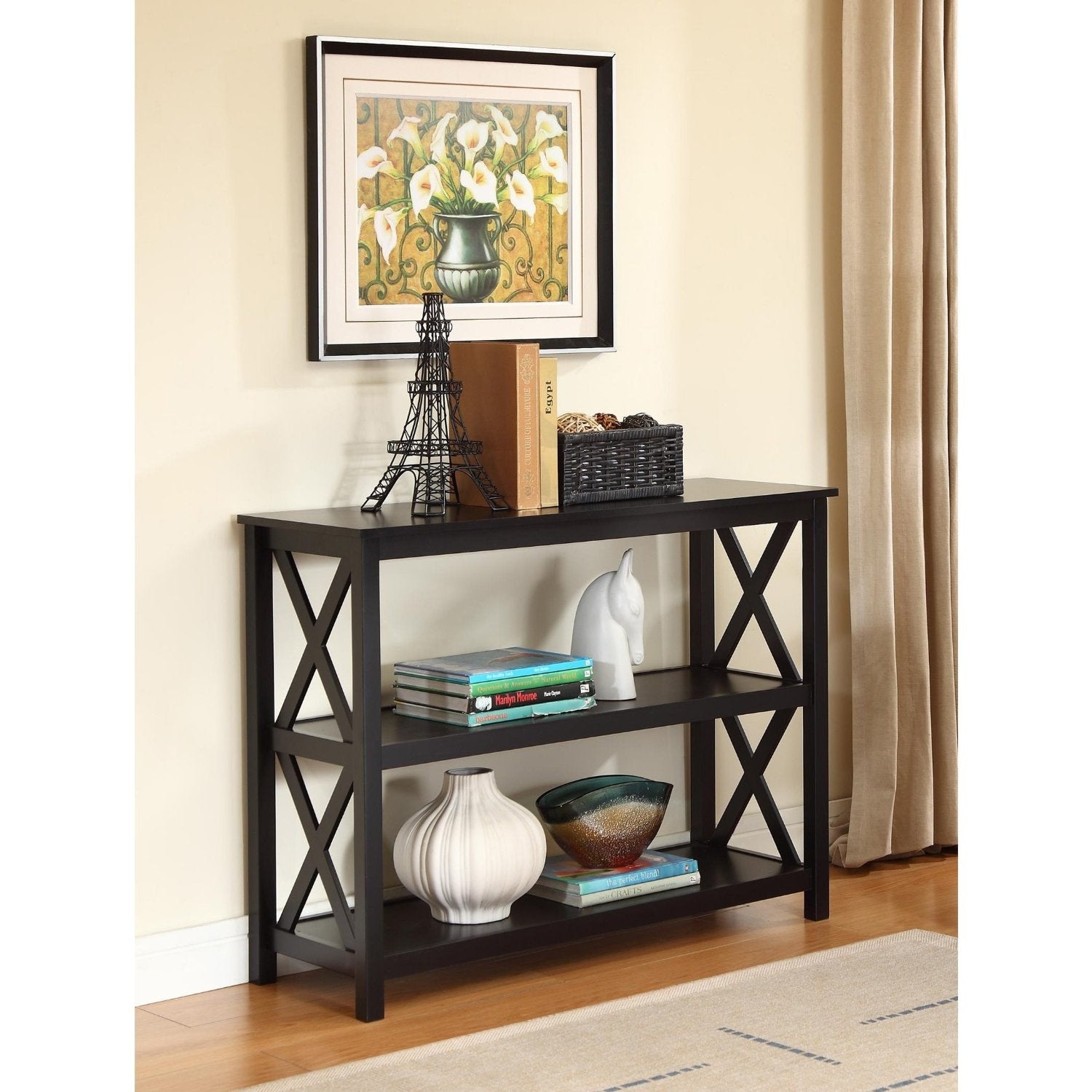 Black Sofa Table Bookcase Living Room Shelves 3-Tier