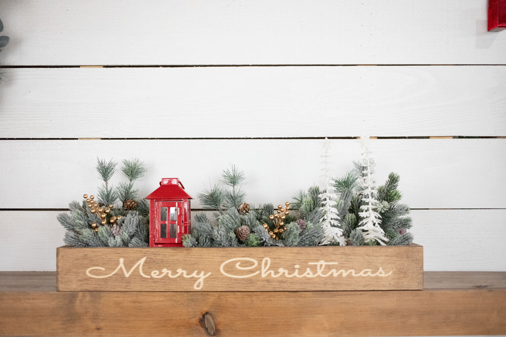 Let it Snow Christmas Centerpiece, Engraved Wood Box with Christmas Greenery